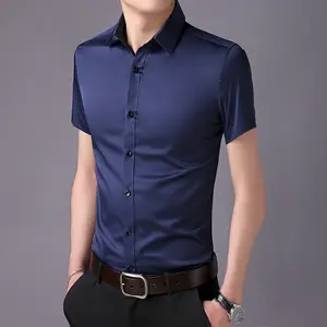 여름 남성용 반팔 셔츠 슬림 핏 솔리드 컬러 남성용 대형 남성 의류 셔츠
