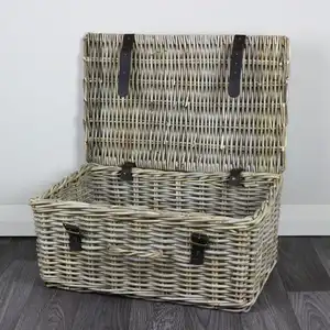 Fabbrica Rattan vimini intrecciato a mano isolato con coperchio maniglia cestino da Picnic cestino portaoggetti portatile, vimini Rattan grigio e Buff Ha