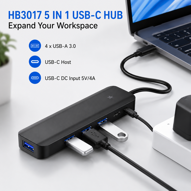 5-in-1 USB-C Hub, USB-C 3.0 Upstream to 4xUSB-A 3.0 Ports (5Gbps), DC 5V/4A Power Input, ABS Case for Laptop/PC