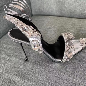 Sandales de luxe dorées à lacets, talons aiguilles ornés de diamants, chaussures sexy pour femme avec bride arrière, grandes tailles 43 - Product Image 6