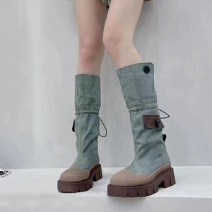 2026 <b>Women</b> Below-Knee Long Riding Boots Genuine Leather Washed Denim Combo Platform Thick Sole Slimming High Shaft Knight Boots - Product Image 1