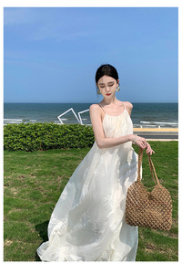 Vestido Maxi Camisero con Bordado 3D de Estilo Chino, Personalizado, Blanco, Holgado, Estilizador, para Vacaciones y Playa, para Mujer - Product Image 3