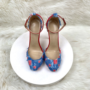 New fashionable and elegant summer denim slip-on ankle shoes for women with <b>red</b> soles, thin <b>heels</b>, pointed toes and spring style - Product Image 6