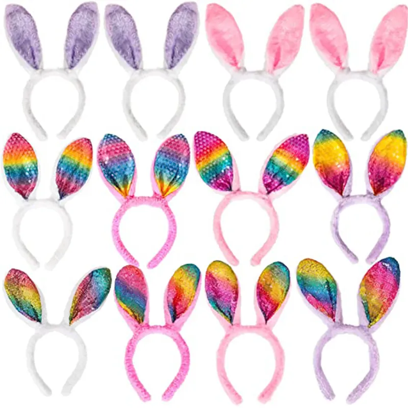 Easter Plush Bunny Ears Headbands Children Adult Headband Pink Blue Colors Sequin Ear Hair Band for Party Holiday Decoration
