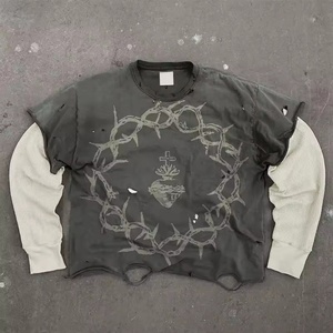 เสื้อยืดคอตตอนพิมพ์ลายสกรีนแบบกำหนดเอง แขนยาววาฟเฟิลสองชั้น แต่งขาดสไตล์วินเทจ ล้างสีแบบ Stone Acid Wash สำหรับผู้ชาย - Product Image 1