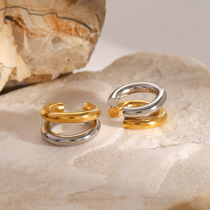 <b>Clip</b>-on Earrings Double Layer C Shape Gold Silver Two Tone Geometric Party Jewelry Stainless Steel Fashion Earrings - Product Image 2