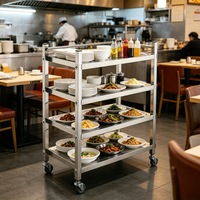Chariot de service de restaurant à 3 niveaux, chariot de rangement multifonctionnel à 4 niveaux en acier inoxydable, chariot de service mobile pour aliments avec étagère