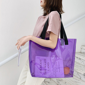 Ladies Custom Logo Summer Beach Zipper <b>Bag</b> Waterproof <b>Clear</b> Jelly PVC Candy Color Transparent Shopping <b>Bag</b> Red Hot Stamping - Product Image 1