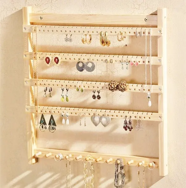 Organizzatore di gioielli in legno con espositore da parete per gioielli con collana di orecchini a 5 livelli in legno da appendere