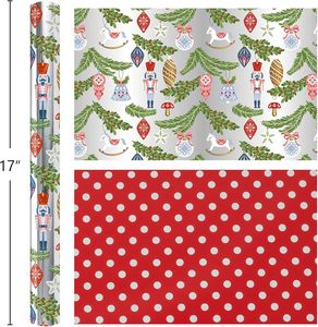 Rollo de Papel de Regalo Metalizado con Diseño Navideño, Adornos de Cascanueces y Hojas Perennes para Envoltura de Regalos Navideños - Product Image 2
