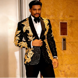 Ensemble de costume tendance pour <span class=keywords><strong>homme</strong></span> avec appliques en paillettes dorées, <span class=keywords><strong>veste</strong></span> décontractée de haute qualité et pantalon occidental, ensemble deux pièces - Product Image 1