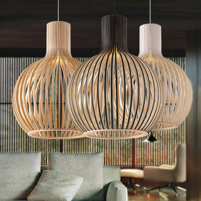 Cross-Border Japanese Retro Wooden Birdcage Pendant Light Hanging Middle LED Creative Living Room Country Style Tatami Lamp