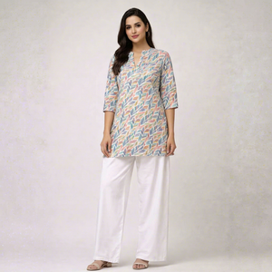 Conjunto de Kurta con Estampado Digital Multicolor para Mujer, con Palazzo Blanco, Manga 3/4, Corte Holgado, Estilo Casual Indio - Product Image 1