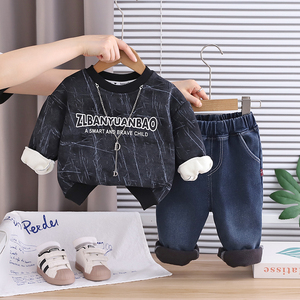 Ropa de calle informal para niños de invierno 2025, Sudadera con capucha y letras relámpago, collar desmontable, conjunto de pantalones vaqueros con parche, tela tejida de 1-5 años, dibujos animados - Product Image 5