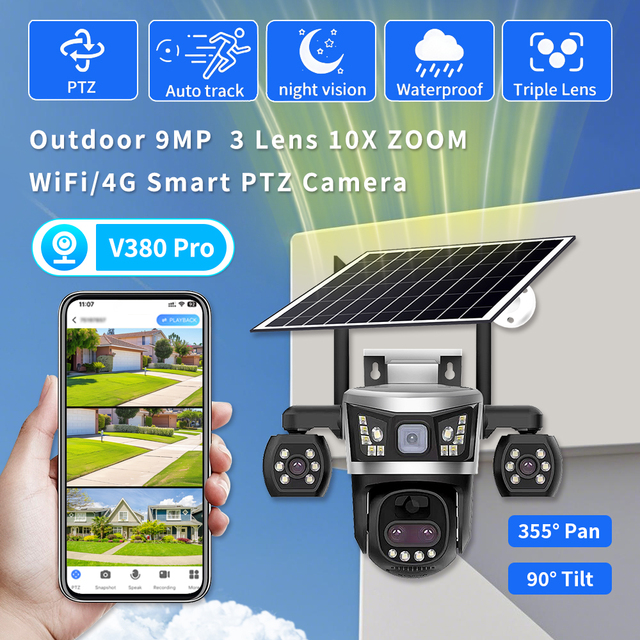 Manufacturer Wholesale 10x Zoom Three-Lens Three-View HD Night Vision IP66 Waterproof Motion Detection Mobile Remote 4G Solar