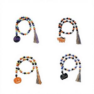 Guirlande artisanale de perles en bois style ferme campagnarde avec citrouille et corde de jute – Décoration d'Halloween et fournitures de festival - Product Image 1