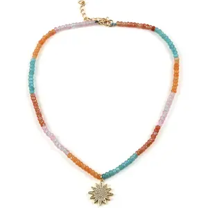 Beautiful Custom Jewelry 4mm Multicolor Seed Beads Gemstone Alloy Zircon Sun Cross Charm Necklaces