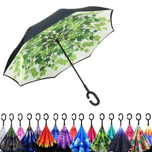 긴 생크 더블 레이어 거꾸로 된 우산 방풍 역 C-후크 남성 골프 우산 자동차 생일 선물 역 우산
