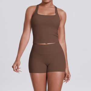 Đồ lót thể thao chà nhám hai mặt xuyên biên giới mới của phụ nữ bộ đồ Yoga thể dục i-back bó sát màu rắn với quần short - Product Image 5