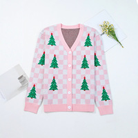 Cardigan en tricot à carreaux pour femme, col en V, boutonné, manches longues, motif sapin de Noël, pour les fêtes