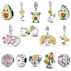 Copper Silver Plated Sunflower Avocado Themed Enamel CZ Charm <b>Beads</b> <b>Set</b> Fit European Bracelet DIY Jewelry - Product Image 1