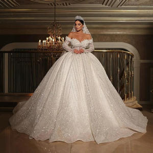 LY-WD0486ブライダルボールガウン高級ウェディングドレスブライドビーズレーススパンコールオフショルダー長袖カスタマイズサイズ - Product Image 4