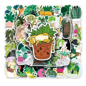 50 Stuks Bloemen Kunst Decoratieve Stickers Esthetische Planten Schattige Cartoon Zwarte Kat Stickers