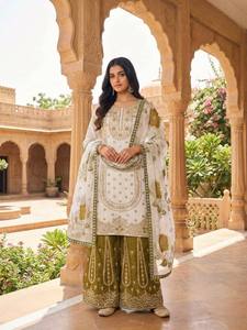 Conjunto de Salwar Kameez Dupatta de Seda GMY con Bordado Floral Blanco, Traje Tradicional Indio para Mujer, Ropa para Bodas y Fiestas - Product Image 4