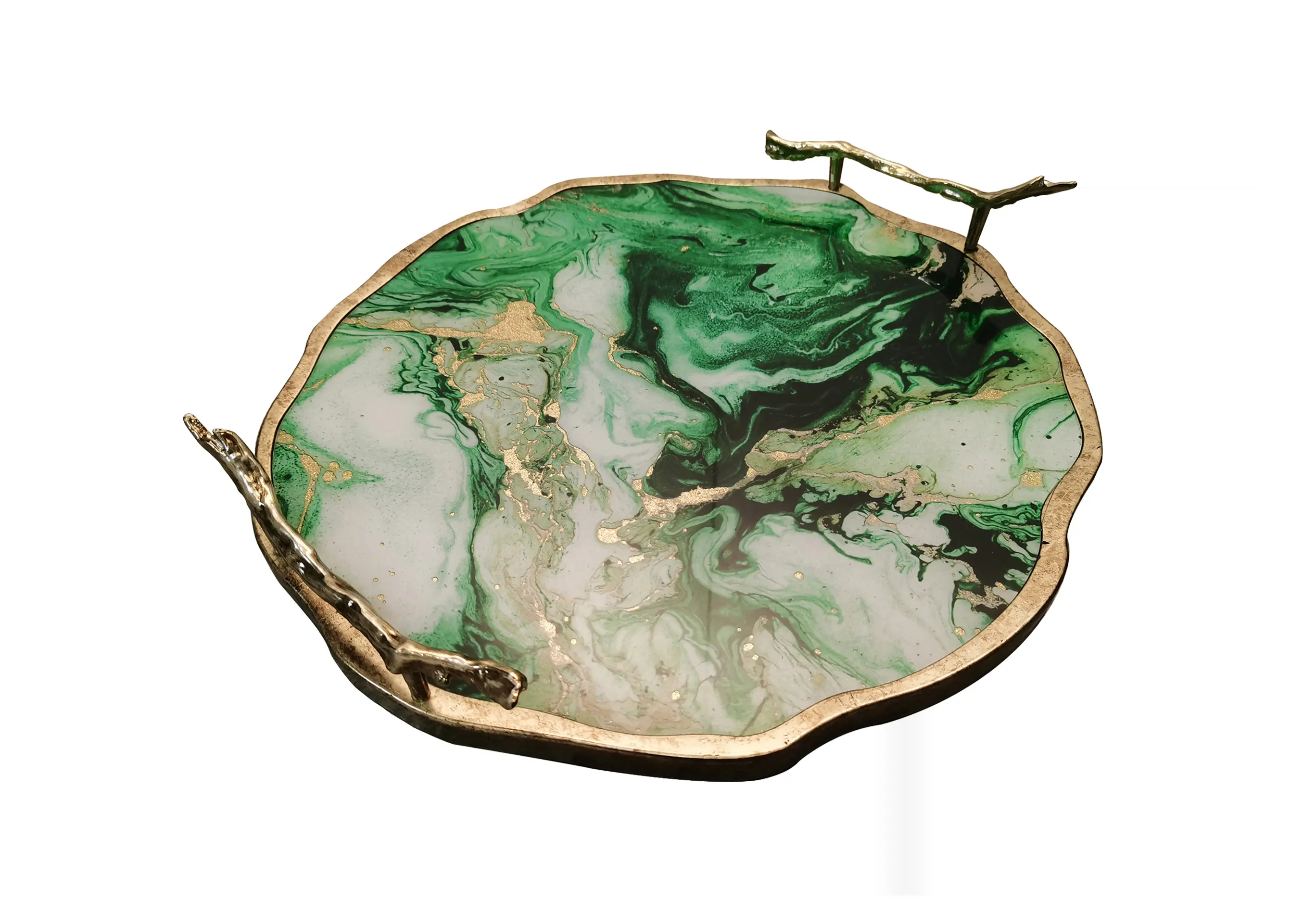 Fonte di fabbrica personalizzato da tavolo moderna decorazione vassoio maniglia oro agata modello di vetro che serve vassoio