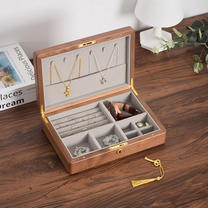 Wooden Jewelry Box Storage Organizer With Lock And <b>Key</b> For <b>Rings</b> Earrings Necklaces Rectangle 24x16x6cm Elegant Design - Product Image 1
