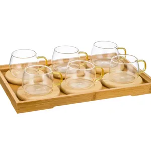 北欧优质透明玻璃黄色手柄玻璃茶杯带竹子配件玻璃杯套装