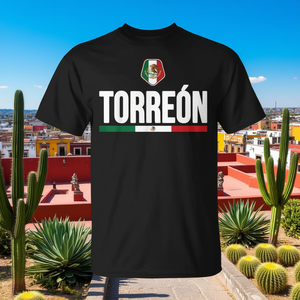 T-shirt Torreon Mexico Travel Flag Nera Abbigliamento casual da uomo - Product Image 3