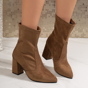 Bottes en tissu mi-mollet à talon épais, style vintage chic à la française, pour femme, nouvelle collection automne/hiver, élastiques et ajustées, en stock - Product Image 3