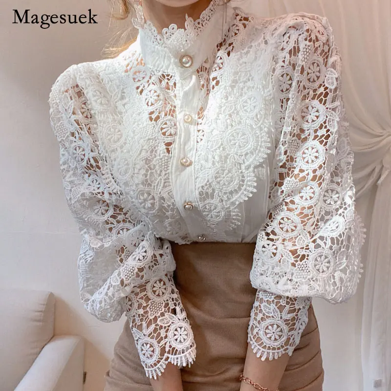 Women Lace Blouse Petal Sleeve Stand Collar Hollow Out Patchwork Shirt Femme Blusas All-match Button White Top WOMEN'S CLOTHING