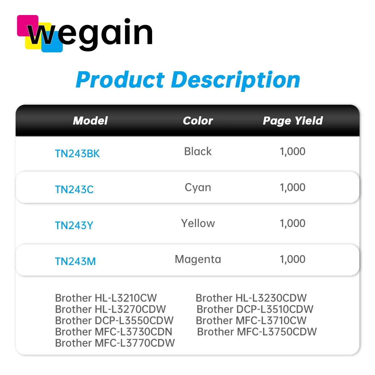 premium Laser Toner Cartridge TN243 KCMY Compatible for Brother HL-L3210CW HL-L3230CDW HL-L3270CDW