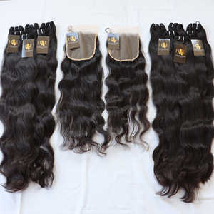 Vente en gros de faisceaux de cheveux humains vierges ondulés droits du corps du temple indien avec fermeture Faisceau de cheveux humains 100% avec fermeture à lacet - Product Image 1