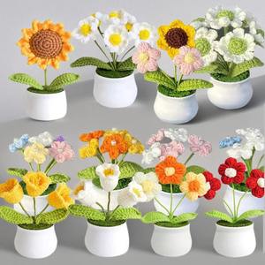 Decoración del hogar, macetas falsas <span class=keywords><strong>hechas</strong></span> a mano, plantas, <span class=keywords><strong>flores</strong></span> tejidas artificiales, <span class=keywords><strong>hilo</strong></span> <span class=keywords><strong>de</strong></span> <span class=keywords><strong>lana</strong></span> eterno simulado, flor <span class=keywords><strong>de</strong></span> punto - Product Image 1