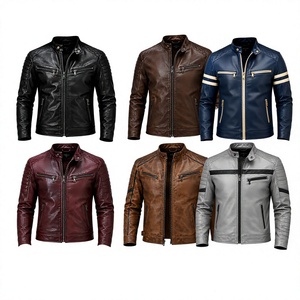 Men's Genuine <b>Leather</b> Moto Biker <b>Jacket</b> Stand Collar Zipper Closure Slim Fit Autumn Solid Color Regular Length - Product Image 1