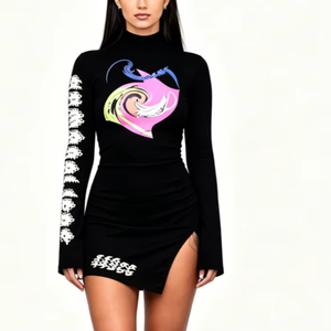 Vestido Mini Sexy WGC Y2K Cyberpunk con Gráficos Líquidos Digitales, Cuello Halter, Manga Larga, Abertura Alta Asimétrica, Corte Ajustado y Línea A, Elástico en 4 Direcciones - Product Image 1