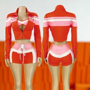 Peeqi HR25029 nuovo sportivo sportivo Set tre pezzi da <span class=keywords><strong>donna</strong></span> stampato Cardigan con cerniera a maniche lunghe top Shorts 3 pezzi - Product Image 3