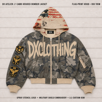 Blouson Bomber à Capuche Camouflage Foncé Personnalisé 500 g/m² avec Logo Stencil Pulvérisé, Broderie Bouclier Tactique, Bordure Côtelée, Vêtement d'Extérieur Streetwear OEM ODM