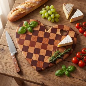Heart Shaped Checkerboard Cutting Board <b>Rubber</b> Wood 30.5x25.5x2cm With Handle Kitchen Chopping <b>Block</b> - Product Image 2