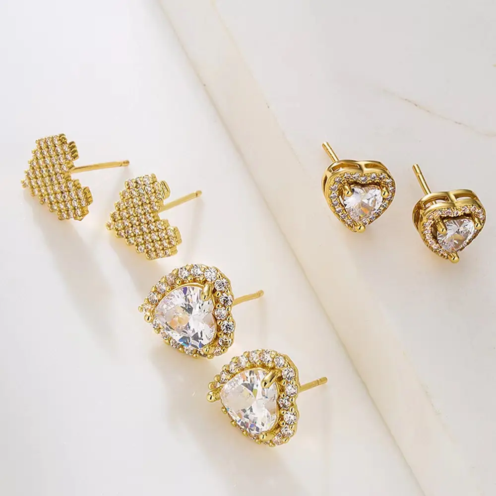 High Quality Gold Plated Sweet Clear Zircon CZ Heart-shaped Charms Earrings Stud For Women