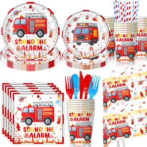 Fire Truck Party Supplies Birthday Decoration Set <b>Paper</b> Plates Cups <b>Tablecloth</b> Banner Disposable Kids 2-4 Years - Product Image 4