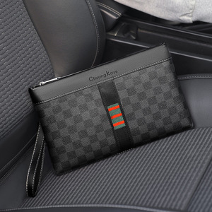 <span class=keywords><strong>Elegante</strong></span> Bolso de Negocios para <span class=keywords><strong>Hombre</strong></span> en Gris a Cuadros, con Adorno de León Metálico, Múltiples Ranuras para Tarjetas y Cierre de Cremallera - Product Image 1