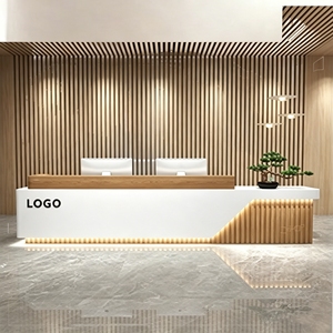 CR117 Natural Wood Pattern Reception Desk Slatted Panel Front Checkout Counter for Small Business Salon Spa Clinic GYM - Product Image 1