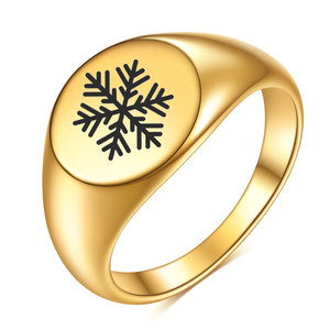 Bague en acier inoxydable poli gravé, 12 mm de diamètre, motif flocon de neige en or 18 carats, bijoux de mode unisexe, cadeau - Product Image 1