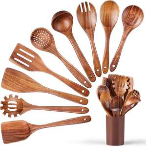 Juego de utensilios de cocina de 9 piezas de madera de teca natural con mango largo y espejo, utensilios de cocina antiadherentes que incluyen cuchara para sopa y espátula para uso en fiestas - Product Image 1