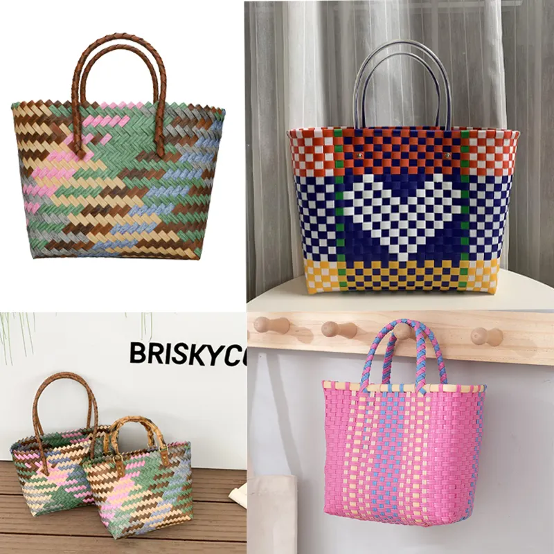 Ethnic style hand-woven bag color contrasting plastic woven bag contrasting color straw bag for women