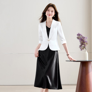 White V-neck Sheath Blazer Dress With Jacket For Women Spring Autumn Professional Career Wear Solid Color Slim Fit - Product Image 2